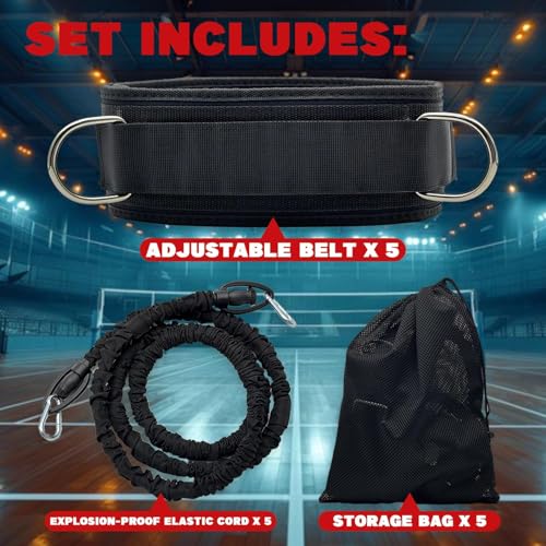 5-Pack Zone Defense Resistance Band Kit, Basketball & Volleyball Agility Training Belt Kit – Resistance Band Speed & Coordination Trainer with Adjustable Waist Strap, Black
