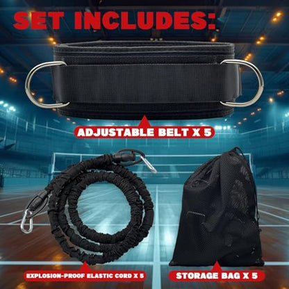 5-Pack Zone Defense Resistance Band Kit, Basketball & Volleyball Agility Training Belt Kit – Resistance Band Speed & Coordination Trainer with Adjustable Waist Strap, Black