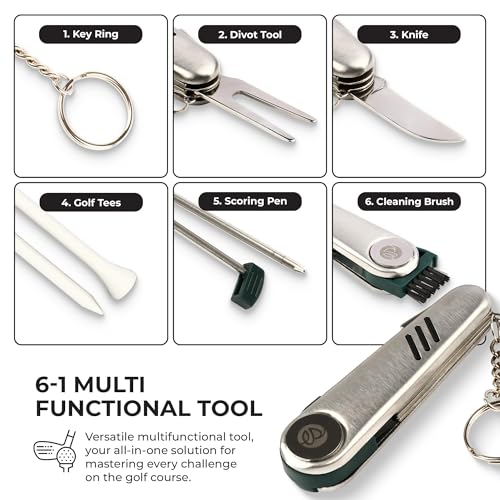 Spring Golf Tournament Prize Gift for Men and Women - Luxury Golf Accessories Set, Vegan Leather Case, 3 Golf Balls, Tees, Divot Tool Knife & Bag with Hook