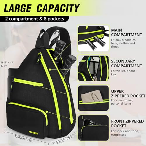 AEROBIX Pickleball Bag for Women & Men, Pickle Ball Backpack - Upgraded Zippers, Large Capacity, Padded Paddle Pocket, Adjustable Sling Bag (No Accessories) - color: GREEN
