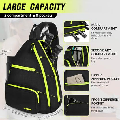 AEROBIX Pickleball Bag for Women & Men, Pickle Ball Backpack - Upgraded Zippers, Large Capacity, Padded Paddle Pocket, Adjustable Sling Bag (No Accessories) - color: GREEN