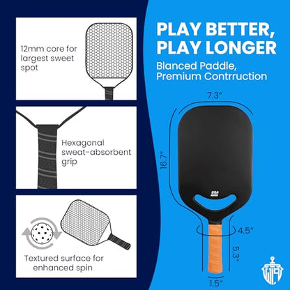 Premium Carbon Fiber Pickleball Paddle with Aero Throat – USAPA Approved, 16mm Polypropylene Honeycomb Core, Textured Carbon Grit Surface for Enhanced Spin and Control