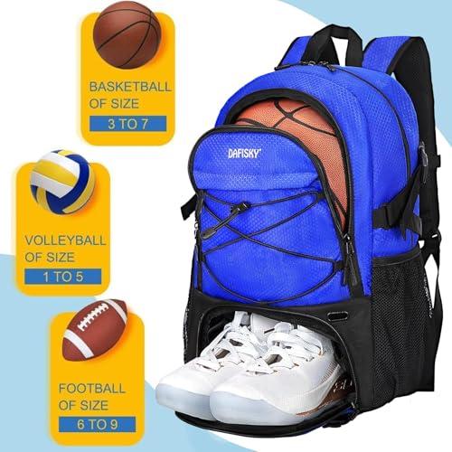 DAFISKY Basketball Backpack, Basketball Bag with Ball Holder Shoes Compartment, Sports Equipment Bag for Soccer Ball, Volleyball - color: Blue
