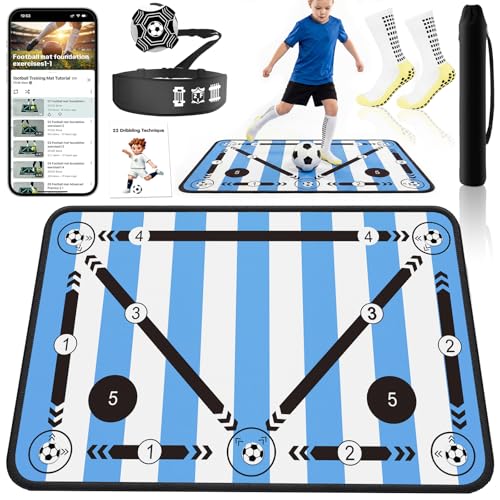 2F22E Soccer Training Mat for Kids & Youth, Non-Slip Silent Footwork Training Equipment with Soccer Bounce Trainer & Socks, Ball Mastery Skills Mat with Instructional Video for Indoor Practice - color: Blue-white