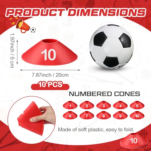 10 Pcs Numbered Sports Disc Cones 1-10 Soccer Cones with Mesh Carry Bag Flexible Agility Cones Soft Field Cones for Gym PE Classes School Activities Games, Sports Training Equipment - color: Red
