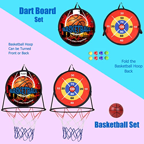 2 in 1 Basketball Hoop and Dart Board, 14" Dart Board for Kids, Basketball Hoop for Kids Toddlers, Sports & Outdoor Play, Birthday Gift Toys for 3 4 5 6 7 8 9 10 Year Old Boys Girls Kids, Party Favors - style: 2 in 1 Red Theme