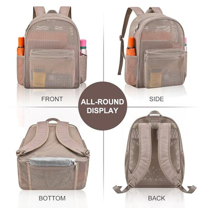 Oraben Heavy Duty Mesh Pack With Rain Cover See Through Backpack Mesh Backpack Bookbag Ideal for Class, Work, Travel, Beach Outings (Khaki) - color: Khaki