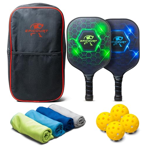 Pickleball Paddle Set - USAPA Approved Fiberglass Paddles | Lightweight Honeycomb Core | Includes 4 Balls, Carry Bag, and Cooling Towels | Ideal for All Players by EPICOURT - size: 2 Pack, style: Sport