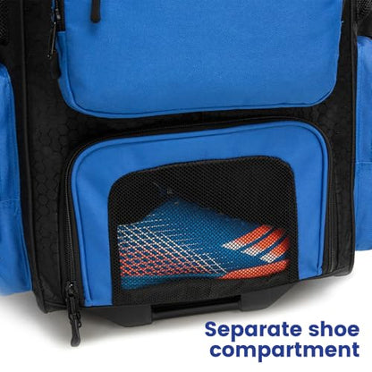 Rolling Baseball Bag with Wheels,Large Softball Bag with Fence Hook for 4 Bats & Equipment,Lightweight Baseball Bat Bag with Shoe Compartment. - color: Blue