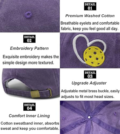 Pickleball Hat with Gift Box, Pickleball Gifts for Women Men, Adjustable Embroidered Heart Baseball Cap - color: Dark Purple
