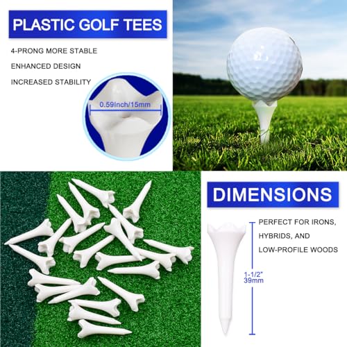 1 1/2'' Plastic Golf Tees,Short Tees 120 Pack-4 Prongs with Low Friction Design for Iron,Par Threes,Hybrids and Driving Range,with High Stability and Low-Friction White Golf Tees 1 1/2 Inch