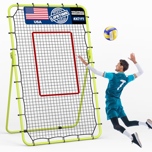 7x4 FT Volleyball Rebounder Net, Lacrosse Rebounder,5-Angle Adjustable Rebounder Net,for Setting, Spiking, Serving– Durable & Portable with Travel Bag(Green)