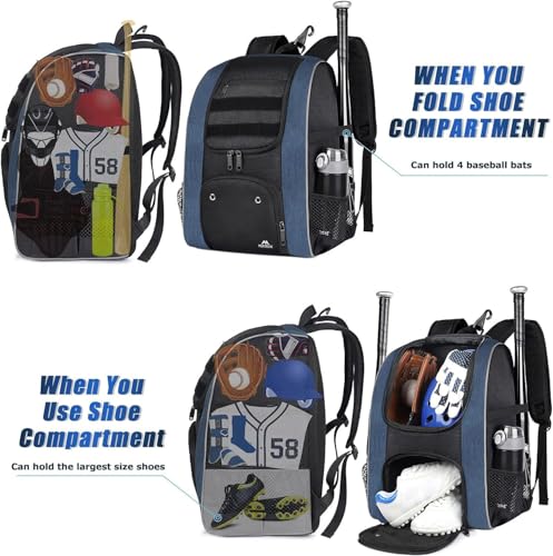 MATEIN Baseball Backpack, Lightweight Softball Bags with Shoes Compartment for Men, Large Capacity Baseball Bag Gifts for Adults with Fence Hook Hold 4 Tee Ball Bats, TBall Gear, Helmet