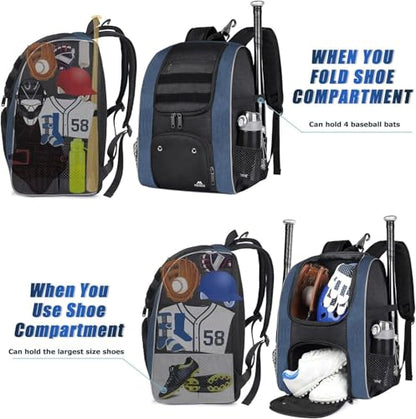 MATEIN Baseball Backpack, Lightweight Softball Bags with Shoes Compartment for Men, Large Capacity Baseball Bag Gifts for Adults with Fence Hook Hold 4 Tee Ball Bats, TBall Gear, Helmet