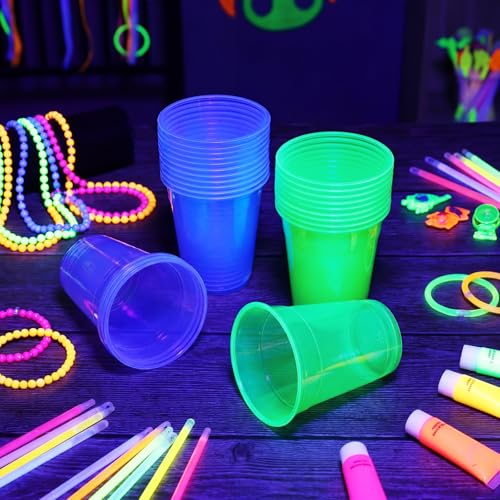 32 Pcs Glow in The Dark Party Table Tennis Game Set Include 24 Pcs Glowing Plastic Cups and 8 Balls for Indoor Outdoor Party Event Birthdays Weddings BBQ Parties - color: Blue and Green