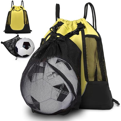 KAEGREEL Drawstring Soccer Bag Basketball Backpack for Kids Teens, Foldable Sports Bags Detachable Ball Mesh Bag for Gym Yoga Football Baseball - color: Yellow