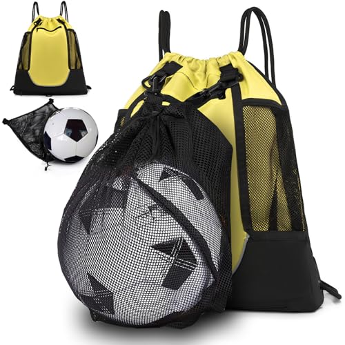 KAEGREEL Drawstring Soccer Bag Basketball Backpack for Kids Teens, Foldable Sports Bags Detachable Ball Mesh Bag for Gym Yoga Football Baseball - color: Yellow