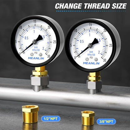 0-30Psi 2" DIAL FACE 1/4" NPT Well Pump Pressure Gauge, with 1/2" NPT and 3/8" NPT Hex Bushing, 3-2-3% Accuracy, Lower Mount - size: 0-30Psi, style: 1/4"NPT Lower Mount