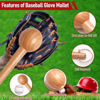 Baseball Glove Break in Kit, One-Piece Solid Wooden Baseball Glove Mallet and Three Colors Glove Wrap Straps for Baseball Glove and Softball Glove, Fit Adult Youth Kids Catcher Mitt - color: red