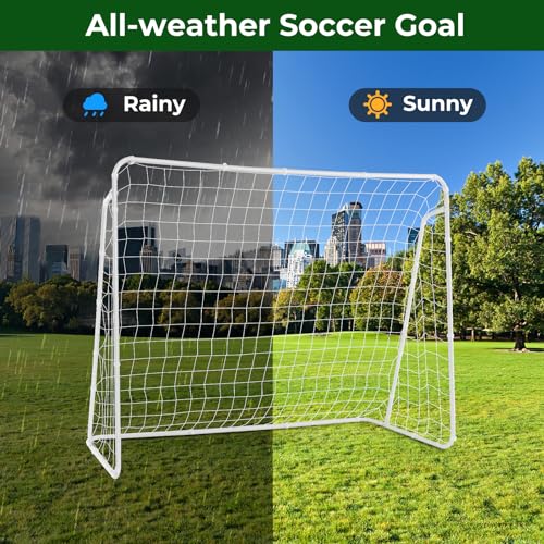 GYMAX Soccer Goal for Backyard, 7 x 5ft Soccer Net w/Heavy Duty Frame & Ground Stakes, Weather-Resistant Soccer Field Equipment for Kids Football Shooting Training, Easy to Setup