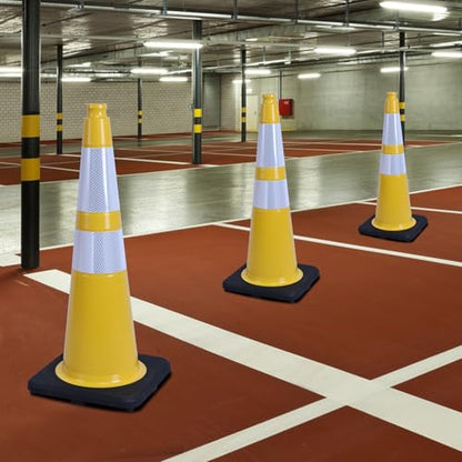 4 Pack 28 Inch Yellow PVC Traffic Cones Black Base Stable Flexible, Road Safety Construction Zone Crowd Control Parking Safety Cones (4, Yellow, 28 Inch) - color: Yellow, size: 28 Inch