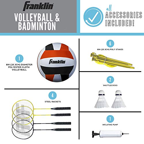 Franklin Sports Volleyball + Badminton Combo Sets - Backyard + Beach Outdoor Volleyball + Badminton Net Set - Portable Badminton + Volleyball Net with Poles - Volleyball, Rackets + Birdies Included - style: Family