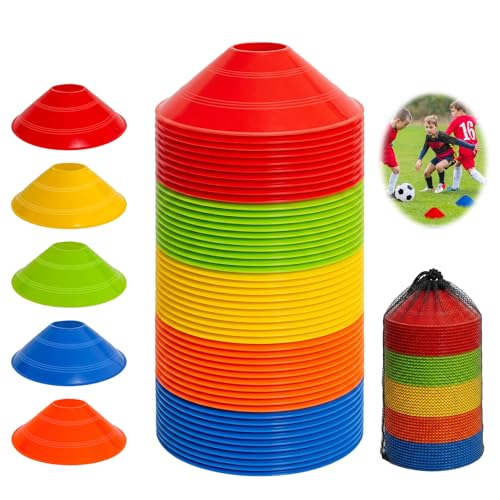 Soccer Cones for Sports Training with Mesh Carry Bag, Multi-Color Agility Disc Cones for Football Basketball Drills, 7.5 Inch Flexible Plastic Field Markers for Kids & Adults