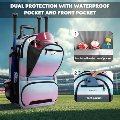 AUROTIER Rolling Baseball Backpack with Off-road Wheels, Wheeled Catchers Gear Bag for Baseball Equipment, 4 Bats, Large Softball Bag for TBall, Helmet & Accessories with Fence Hook - color: Blue-pink