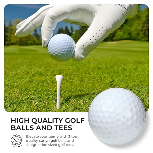 Spring Golf Tournament Prize Gift for Men and Women - Luxury Golf Accessories Set, Vegan Leather Case, 3 Golf Balls, Tees, Divot Tool Knife & Bag with Hook