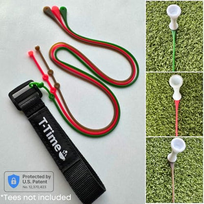 T-Time® Golf Tee Anchor Leash & Tether – US Patented – Keeps Tees in Place for Driving Range and Simulator Practice. - color: 1 Strap + 3 Silicone Strings (1 Pink, 1 Green, 1 Grey)