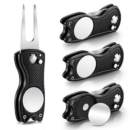 Skylety 4 Pcs Golf Divot Repair Tool Metal Foldable Golf Divot Tool with Magnetic Pop-up Button Ball Marker Stainless Steel Switchblade for Golfers Prizes - color: Black