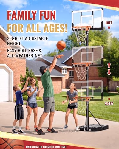 Seray Family Basketball Hoop Outdoor 3.3-10ft Adjustable, Safety Portable Basketball Hoop for Kids/Adults/Family in Poolside/Backyard/Indoor/Court, 40 in Shatterproof Backboard and Enlarged Base