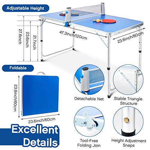 Pinkunn Table Tennis Table Portable Foldable Tables Tennis Game Set with 2 Tabled Tennises Paddles 10 Tabled Tennises Ball and 1 Net Height Adjustable Compact Storage Fit in Most Closet(4 x 2 ft)
