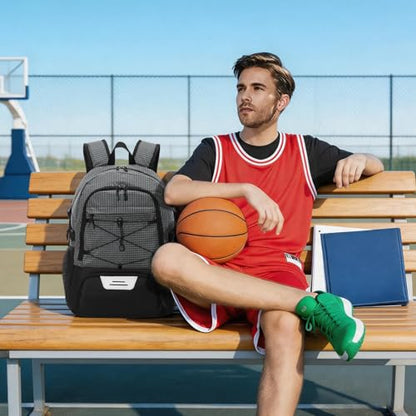 HUA ANGEL Basketball Backpack, Large Sports Bag with Separate Ball Holder & Shoe Compartment, Men/Women Gym Backpack for Basketball Soccer Volleyball - color: Gray
