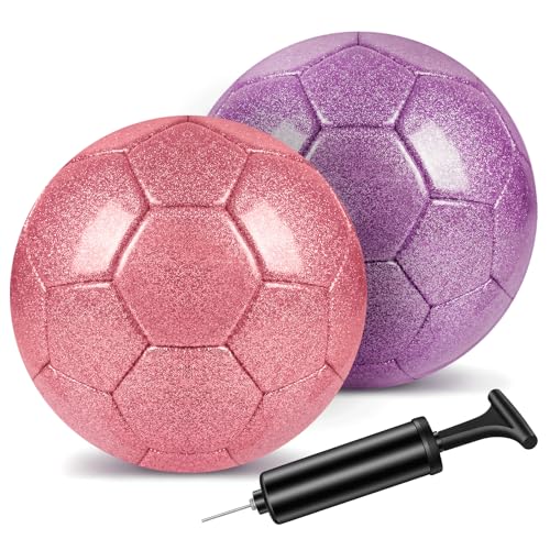 2 Pcs Glitter Soccer Ball Glitter Silver with Pump & Needle, Soccer Ball Kitfor Back to School, Birthday Gifts, Outdoor Sports Recreation Ball - color: Pink and Purple, size: Size 4