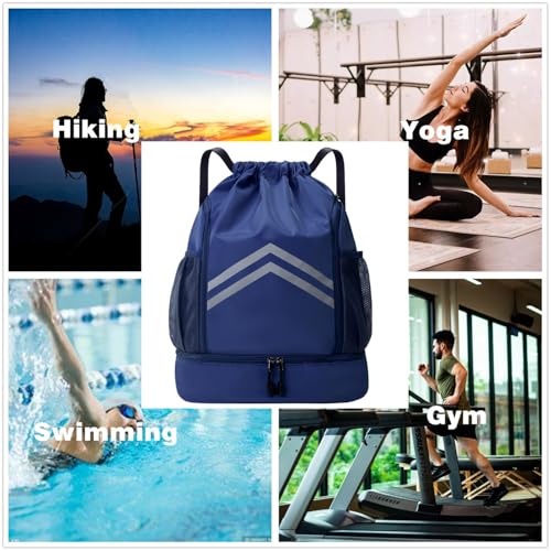 Drawstring Backpack - Water Resistant Sports Gym Bag with Shoes Compartment and Water Bottle Holder Pockets - String Cinch Bag - Pull String Bag - Sport String Sackpack for Men Women,Navy Blue - color: Navy Blue