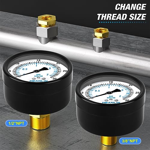 0-30Psi 2" DIAL FACE 1/4" NPT Well Pump Pressure Gauge, with 1/2" NPT and 3/8" NPT Hex Bushing, 3-2-3% Accuracy, Center Back Mount - size: 0-30Psi, style: 1/4"NPT Back Mount