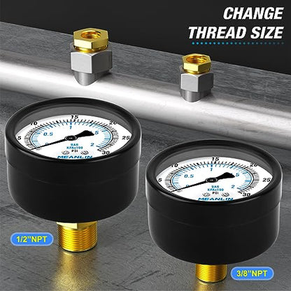 0-30Psi 2" DIAL FACE 1/4" NPT Well Pump Pressure Gauge, with 1/2" NPT and 3/8" NPT Hex Bushing, 3-2-3% Accuracy, Center Back Mount - size: 0-30Psi, style: 1/4"NPT Back Mount