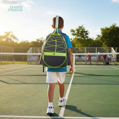 Choco Mocha Kids Tennis Bag, 16 Inch Youth & Junior Tennis Backpack with Shoe Compartment, Holds 2 Rackets (21–23 Inch) - color: Camo Blue