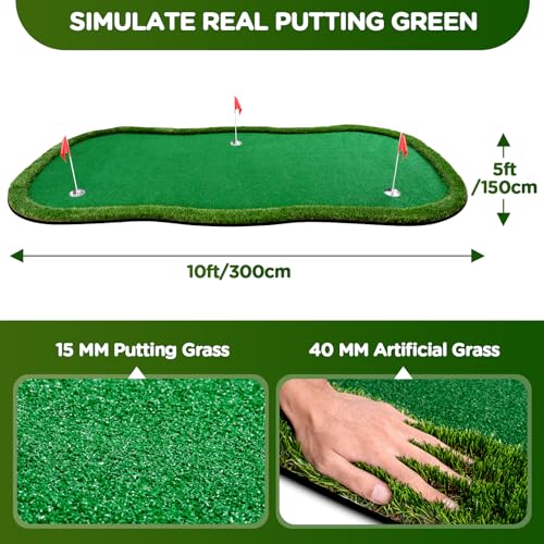 Golf Putting Green Indoor Outdoor Putting matt Professional Training Mat Practice Putting Mat with 3 Flags 1 Movable Cup 2 Slope Pad 5x10ft