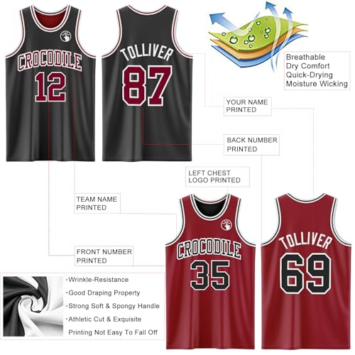 Custom Reversible Basketball Jerseys Men Youth, Personalized Sports Shirts Team Uniforms Printed Name Logo Number - color: Deep Red and Black