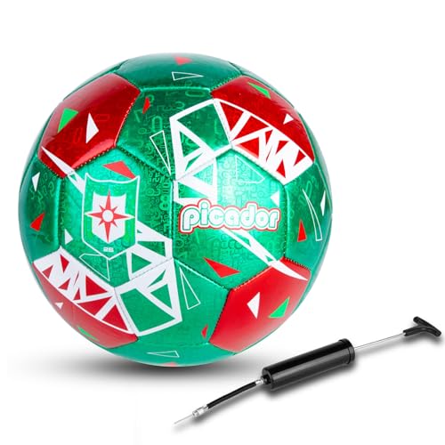 Picador Size 4 Soccer Balls, Laser Leather Soccer Ball for Sport Training & Match Play - Vibrant Soccer Balls Gift Set with Pump for Kids and Youth - color: Green/Red