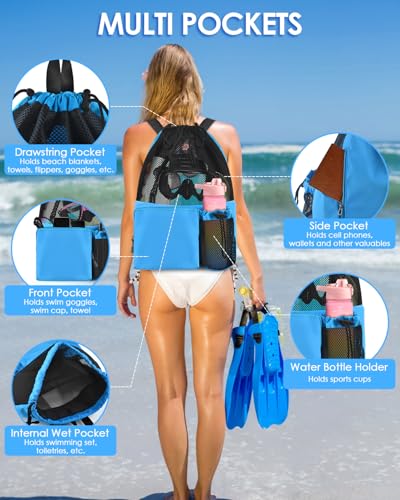 BROTOU Swim Bag Beach Backpack with Wet Pocket Mesh Drawstring Bags for Swimming, Gym - color: Blue