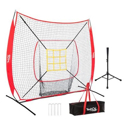 7x7 Ft Baseball and Softball Training Net with Batting Tee, Strike Zone Target, Portable Hitting and Pitching Practice Set - color: Red