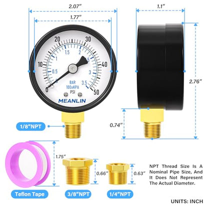 0-50Psi 2" DIAL FACE 1/8" NPT Well Pump Pressure Gauge, with 1/4" NPT and 3/8" NPT Hex Bushing, 3-2-3% Accuracy, Lower Mount - size: 0-50Psi, style: 1/8"NPT Lower Mount
