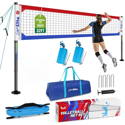 Professional Volleyball Net Set Heavy Duty for Outdoor Backyard Portable with Aluminum Scoring Poles, 20ft/32ft Optional Nets System, Adjustable Regulation Height - color: Red and Blue
