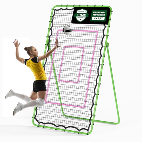Volleyball Rebounder Net 7x4 FT, Adjustable Volleyball Training Equipment for Backyard Outdoor Solo Practice, Heavy-Duty 45-Layer Net with Ground Stakes & Target Belt