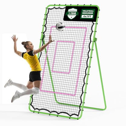 Volleyball Rebounder Net 7x4 FT, Adjustable Volleyball Training Equipment for Backyard Outdoor Solo Practice, Heavy-Duty 45-Layer Net with Ground Stakes & Target Belt