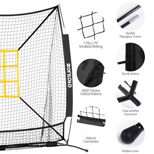 ZONLOLO 6x6ft Baseball & Softball Net for Hitting,Pitching and Batting, Throwing,Baseball net with Sturdy Bow Frame,Battting Tee,Strike Zone, Middle Size,Suitable for Kids!