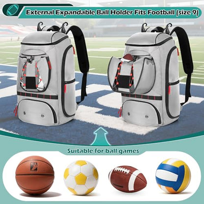 Smasrob Football Bag for Equipment with External Ball Holder, Insulated Pocket and Fence Hooks, Football Backpack for Youth and Adult - color: Grey